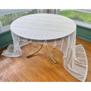 Vintage 70s curtain, creamy off-white mesh, vertical ajouré mesh, rod head panel